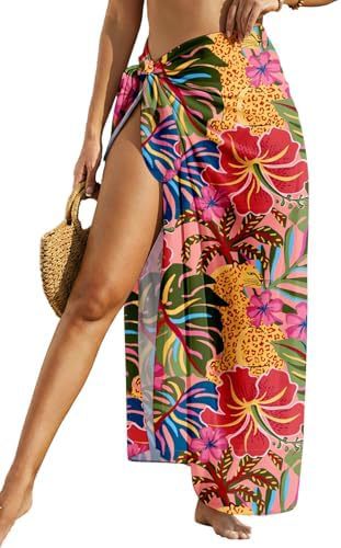 Women's Swimwear Transparent Sheer Cover-Up High-Slit One-Size Swim Dress Summer Floral Print Chiffon