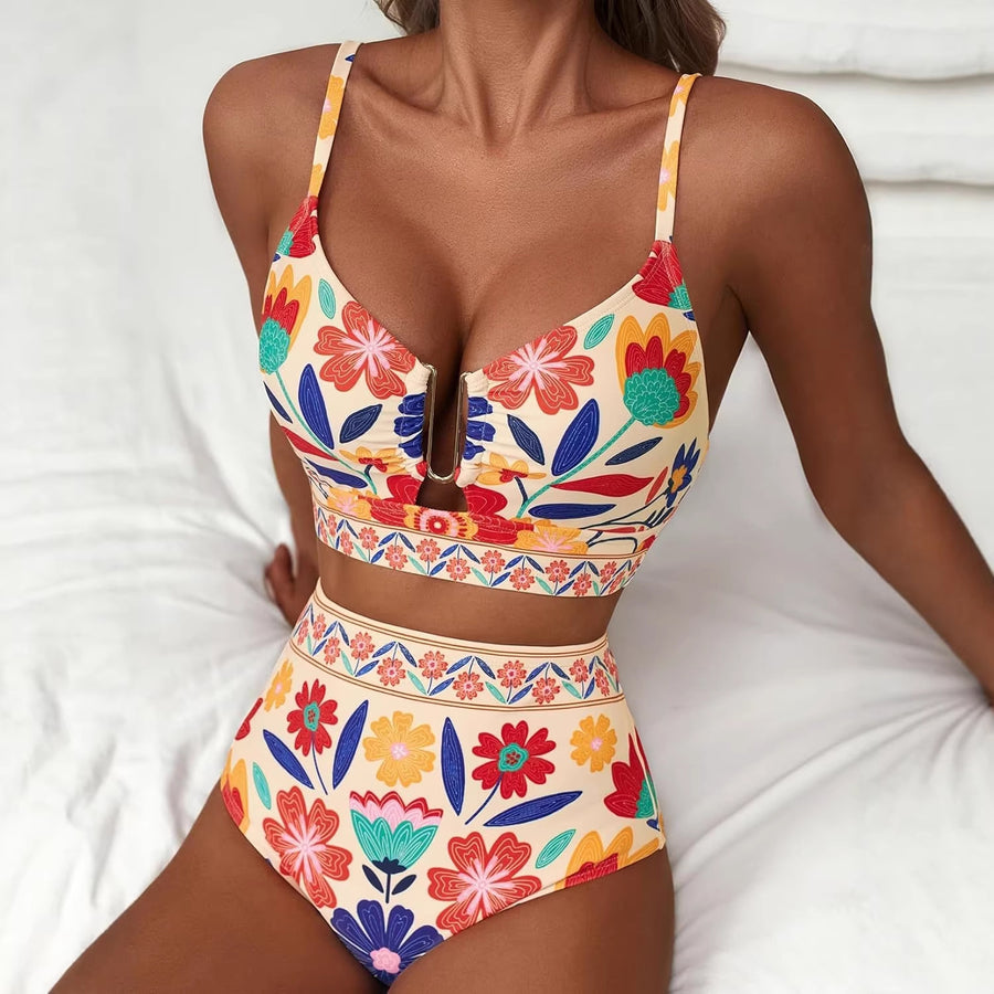 Floral Print High-Waisted U-Line Bikini Set Swimwear for Women
