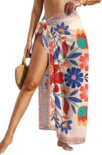 Women's Swimwear Transparent Sheer Cover-Up High-Slit One-Size Swim Dress Summer Floral Print Chiffon