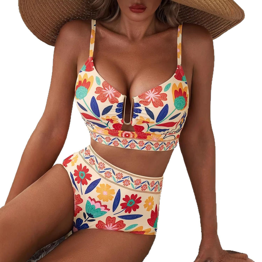 Floral Print High-Waisted U-Line Bikini Set Swimwear for Women